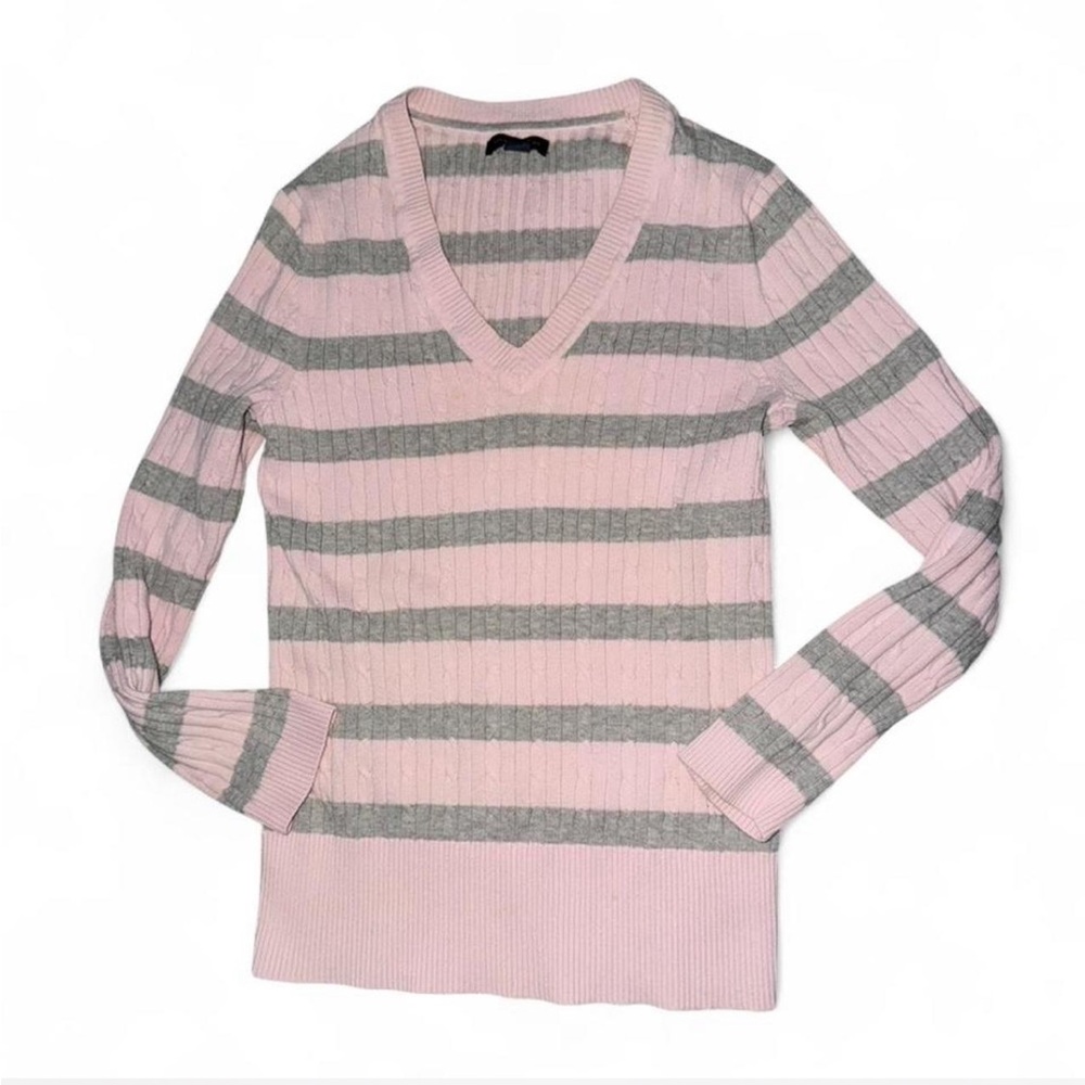 Tommy Hilfiger Pink & Gray Striped Ribbed V-Neck Sweater